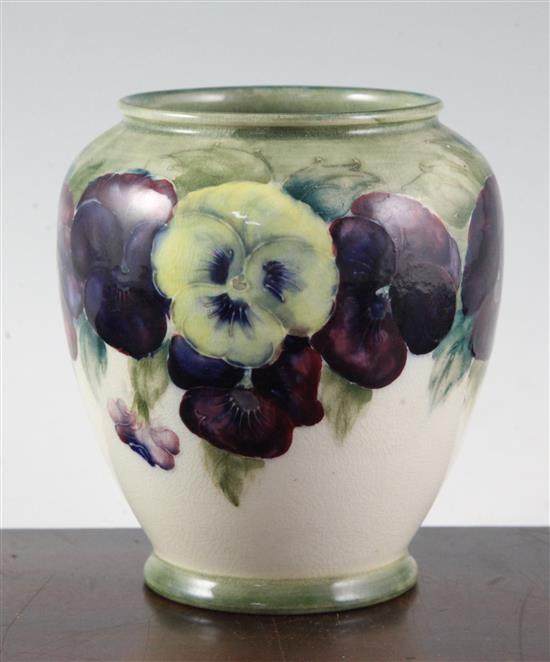 A William Moorcroft Pansy pattern ovoid vase, c.1918, 14.5cm